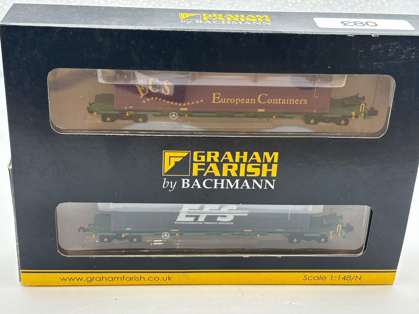 Graham Farish N GAUGE intermodal bogie wagons with 2 containers 2xl (392)