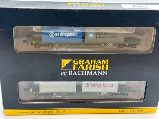 Graham Farish N GAUGE intermodal bogie wagons with 2 containers 2xl (390)
